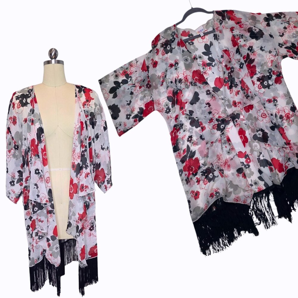 LuLaRoe Monroe Kimono Large Floral Black Red White Gray Chiffon Fringe